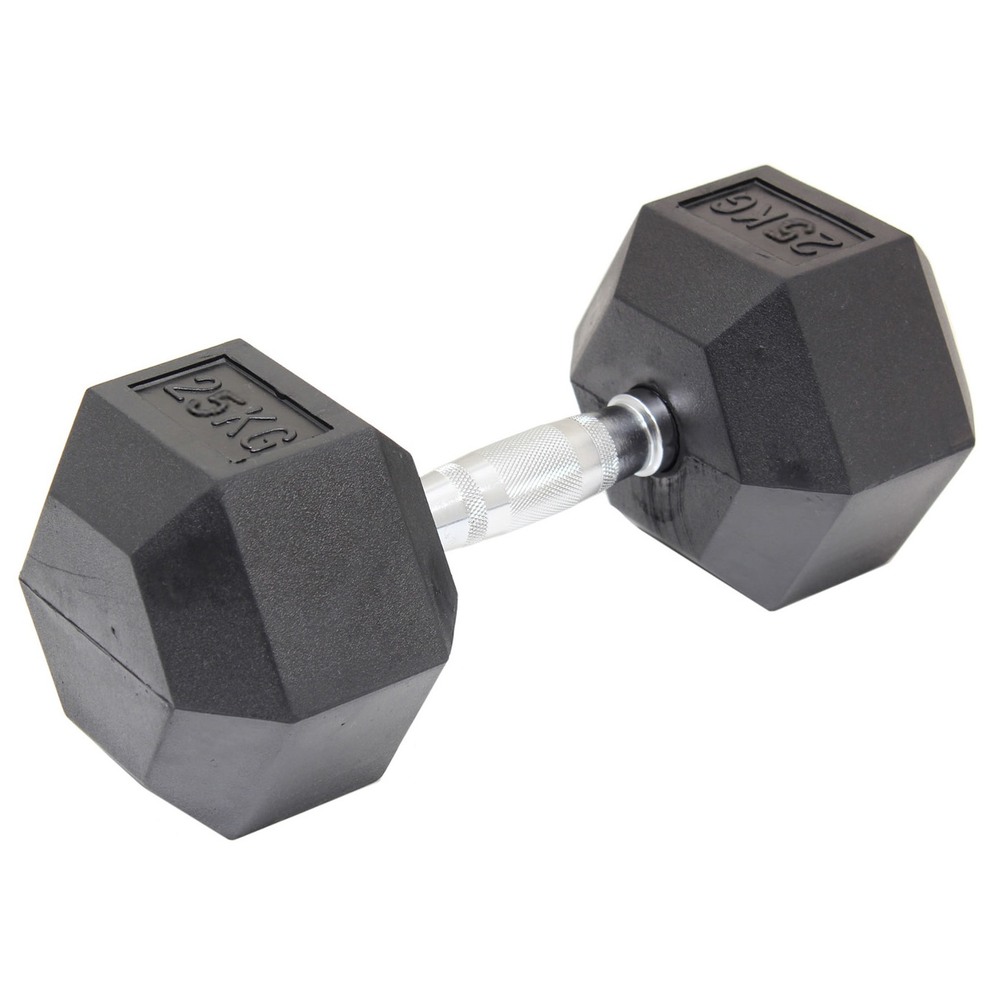 25 KG COMMERCIAL RUBBER HEX DUMBBELL WEIGHTS CHROME HANDLE PLATE GYM
